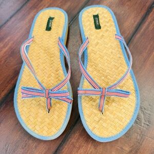 J Crew Blue-Trim Straw Flip Flop Sandals with Striped Bow